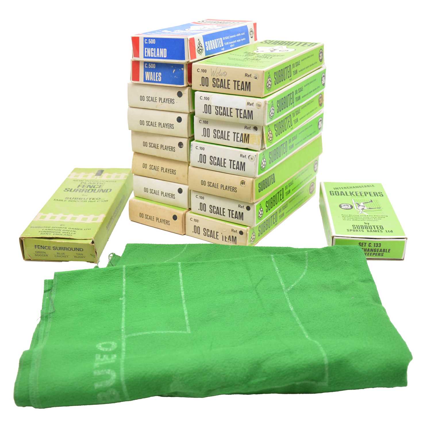 Lot 306 - Fifteen Subbuteo table football teams, boxed, with interchangeable goalkeepers and fence