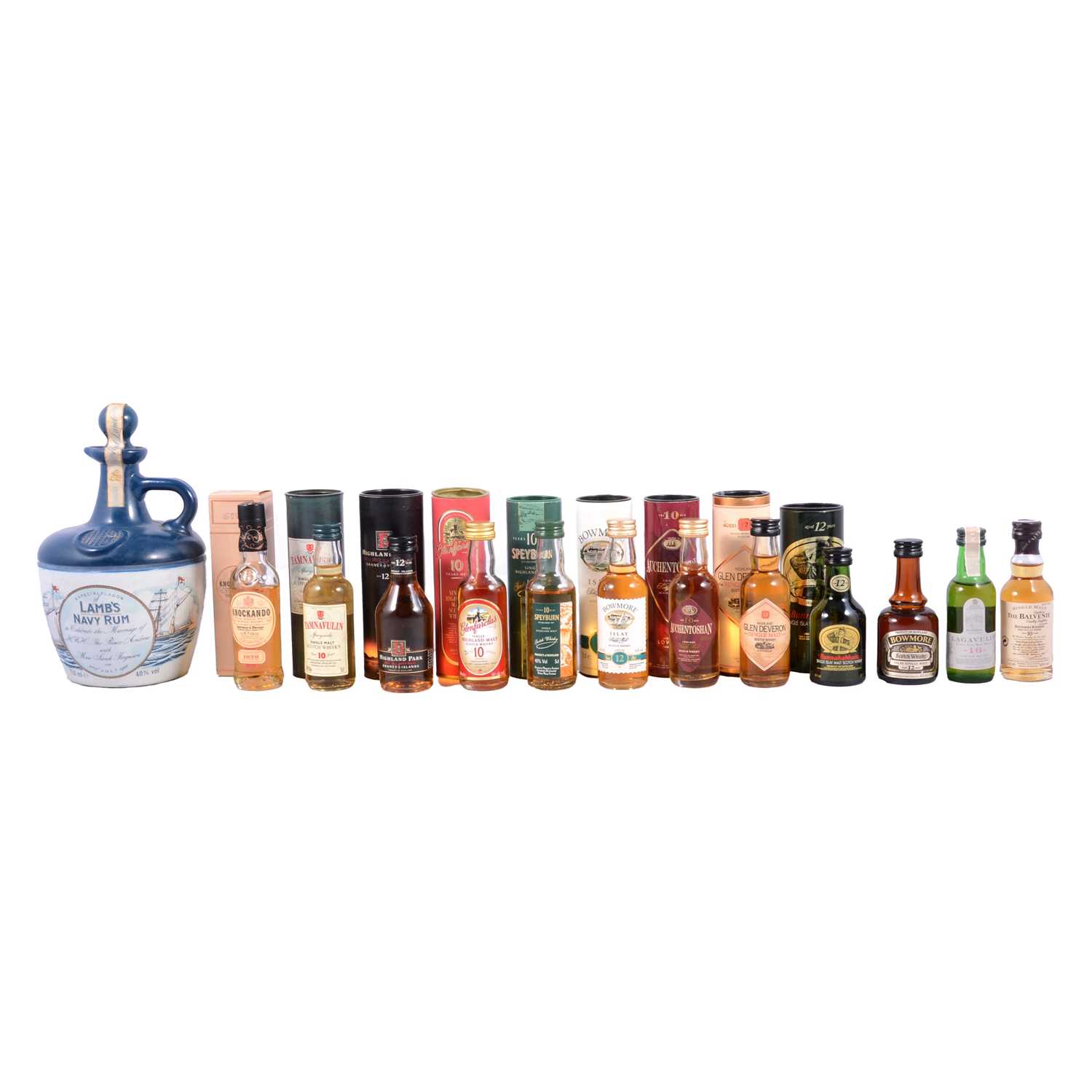 Lot 140 - Lamb's Navy Rum decanter and collection of whisky miniatures