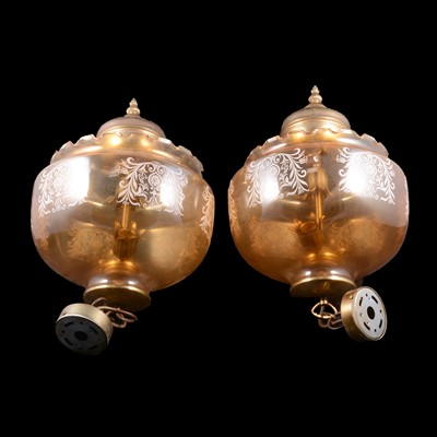 Lot 121A - A pair of ceiling lights, amber glass shades