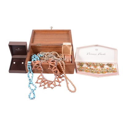 Lot 468 - A collection of vintage costume jewellery, silver napkin ring, wooden jewel box.