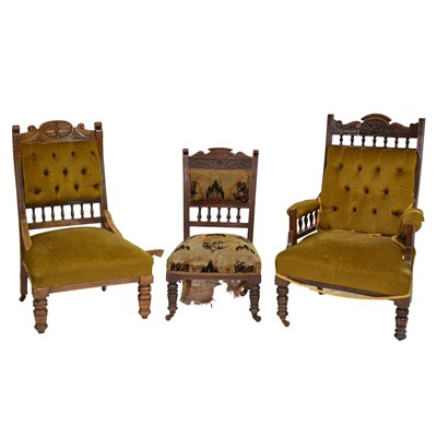 Lot 410 - Three Victorian carved mahogany framed salon chairs