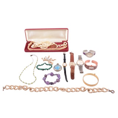 Lot 459 - Gold, white metal and costume jewellery, wristwatches and coins.