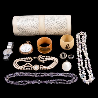 Lot 473 - Rolled gold pocket watch, gemstone and costume jewellery, wristwatches, napkin rings.