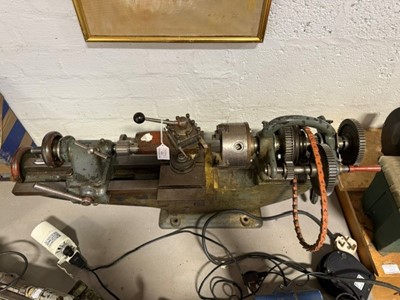 Lot 422 - Modellers lather, clock makers lathe, lathe accessories and a bench grinder