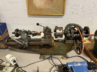 Lot 422 - Modellers lather, clock makers lathe, lathe accessories and a bench grinder