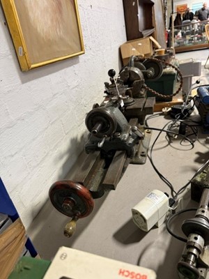 Lot 422 - Modellers lather, clock makers lathe, lathe accessories and a bench grinder
