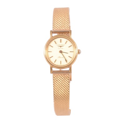 Lot 1003 - Longines - a lady's Presence quartz wristwatch with yellow metal mesh bracelet.