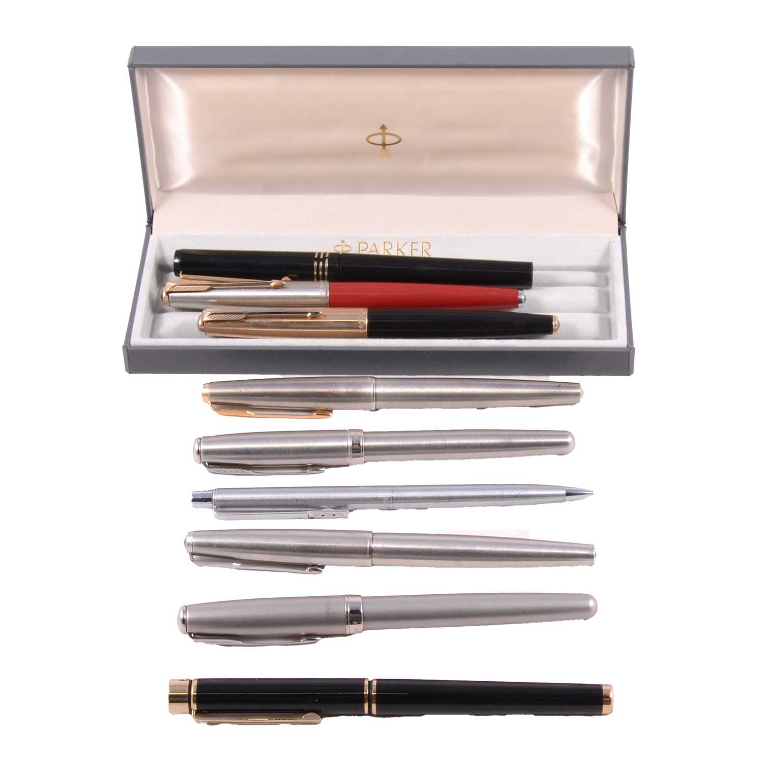Lot 196 - Shaeffer, Parker and Papermate fountain pens, rollerball pen and pencil.