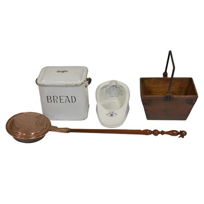 Lot 174 - Vintage enamel 'BREAD' crock, a slipper pan, wooden peat/ grain bucket, and a brass warming pan.