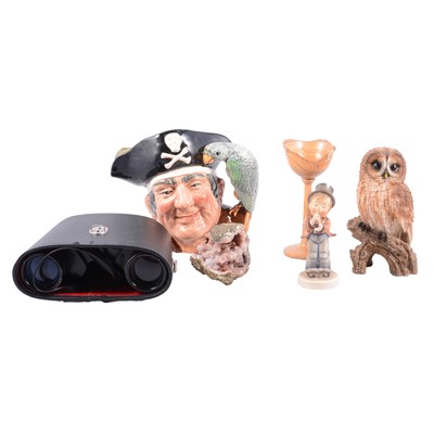 Lot 93 - Royal Crown Derby Cockerel paperweight, ceramic figurines, binoculars and wooden items.