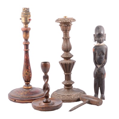 Lot 150 - Carved African hardwood figure, lacquered table lamp base, etc