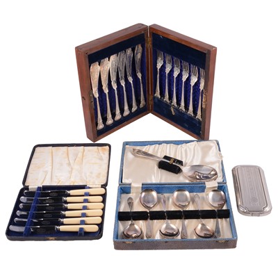 Lot 211 - Butler canteen of silver-plated cutlery, other cutlery and shaving set.