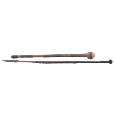 Lot 125 - A wire-bound knobkerrie and a tribal fishing spear