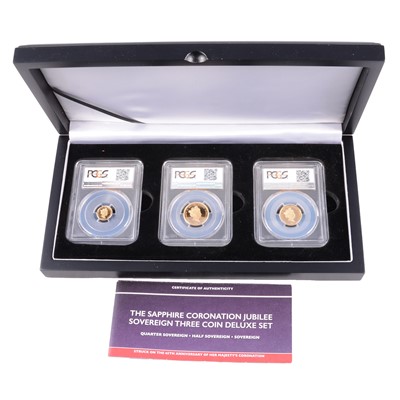 Lot 276 - Hattons of London Sapphire Coronation Jubilee Sovereign three coin deluxe set, 2018