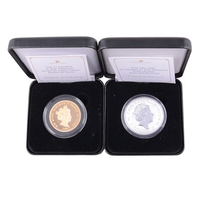 Lot 277 - Jubilee Mint St George & the Dragon gold proof £2 coin, and silver 1oz coin