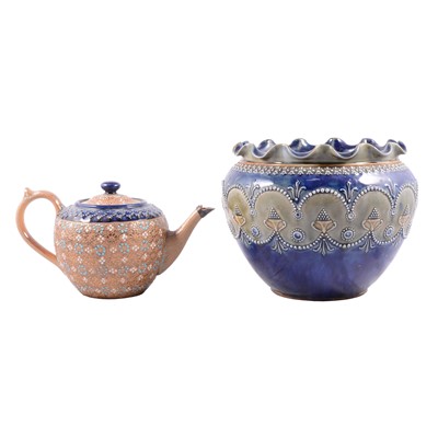 Lot 91 - Royal Doulton stoneware jardininere and a teapot