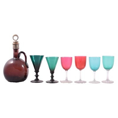 Lot 101 - Pair of 19th Century glass decanters, quantity of coloured glass drinking glasses