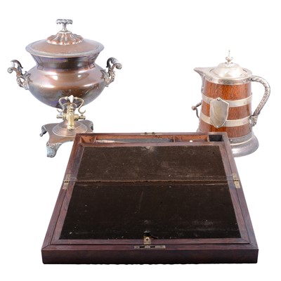 Lot 190 - Edwardian oak and silver plated beer jug, large copper samovar and a rosewood writing box