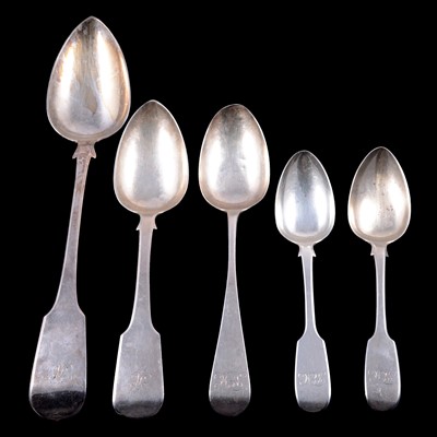 Lot 296 - Silver basting spoon, two table spoons and a pair of dessert spoons