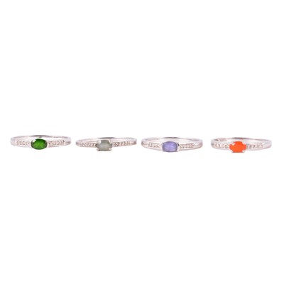 Lot 60 - Four diamond and gemstone stacking rings, chrome diopside, fire opal and others.