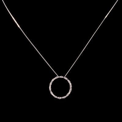 Lot 283 - A modern circular diamond garland pendant on a chain.