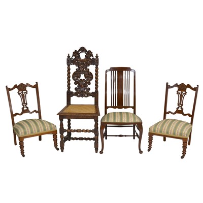 Lot 390 - Victorian carved oak hall chair, Edwardian bedroom chair and a pair of Victorian nursing chairs