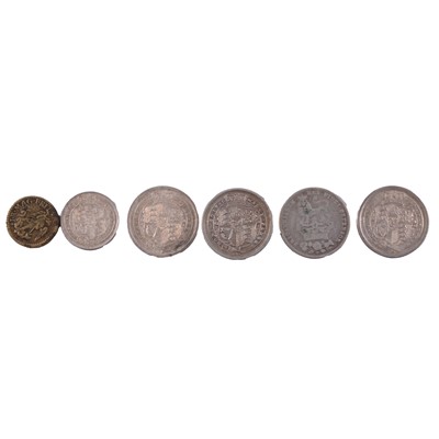 Lot 238 - Five Georgian silver coins and a James I coin weight.