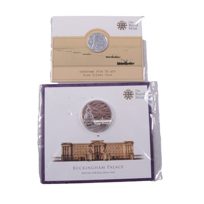 Lot 236 - Buckingham Palace 2015 UK £100 Fine Silver Coin and Outbreak 2014 UK £20 Fine Silver Coin.