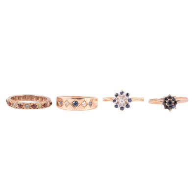 Lot 62 - Four gold gemset rings, sapphire and diamond, sapphire, garnet and pearl.