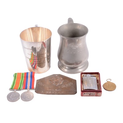 Lot 228 - WW1 and WW2 medals, blanket box plate, Old Contemptibles and Gibraltar tankards, lighter.