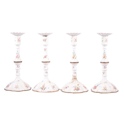 Lot 40 - Set of four French enamelled candlesticks, 19th century