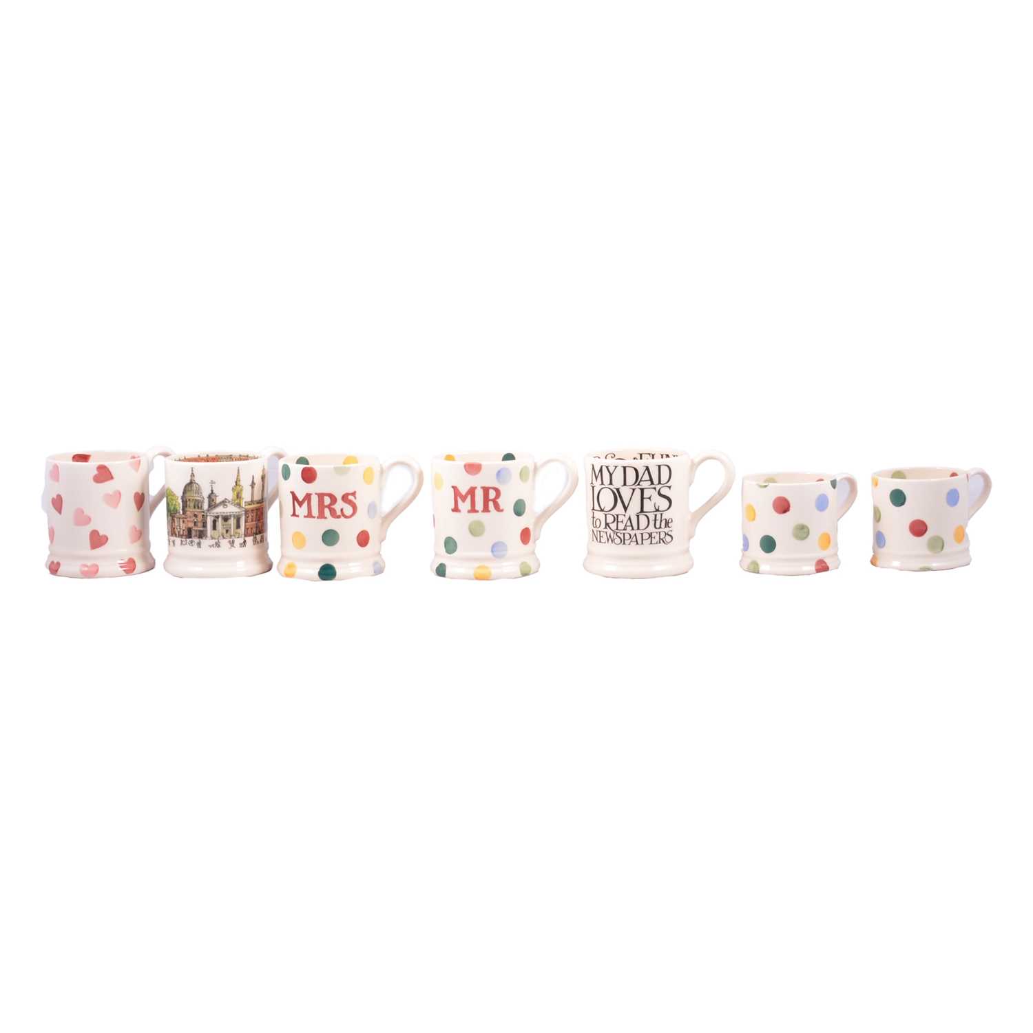 Lot 49 - Emma Bridgewater - seven half pint and small mugs Polka Dot, Small Hearts, Novelty.