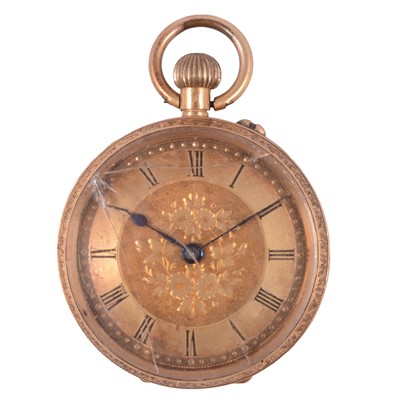 Lot 1074 - A yellow metal open face pocket watch.