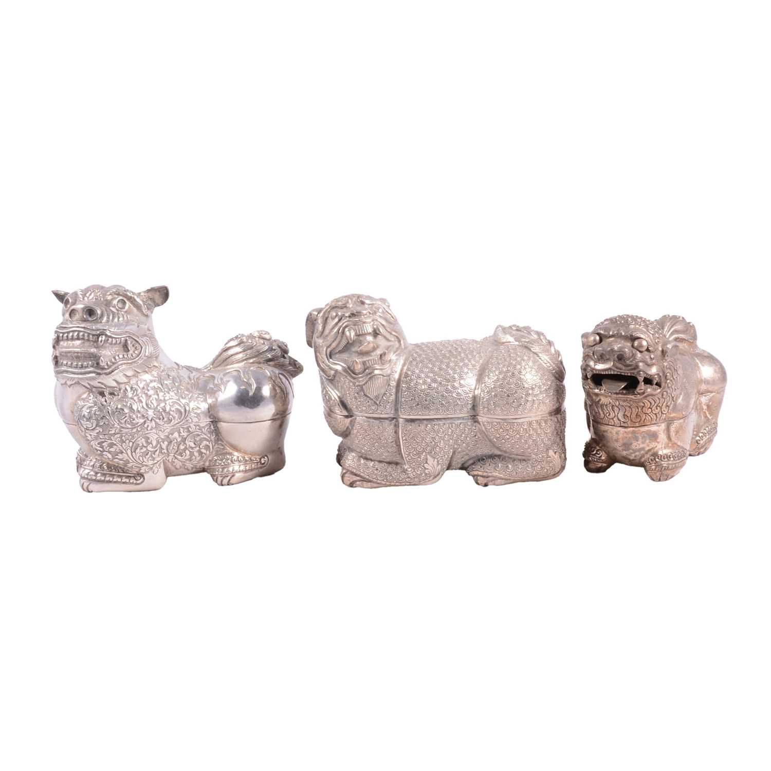 Lot 171 - Three Asian white metal betel boxes, in the forms of mythological beasts