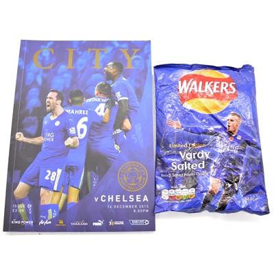 Lot 39 - Leicester City vs Chelsea signed matchday programme, with limited edition Walkers 'Vardy Salted'