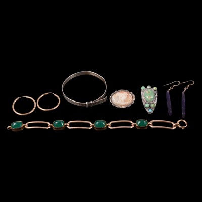 Lot 438 - A gold-plated bracelet, expanding bangle, cameo, brooch, hoop and drop earrings.