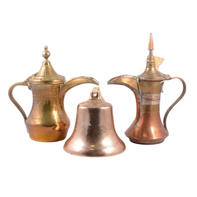 Lot 192 - Brass and copper Dallah coffee pot; a brass Dallah coffee pot; and a large brass bell marked Despatch.