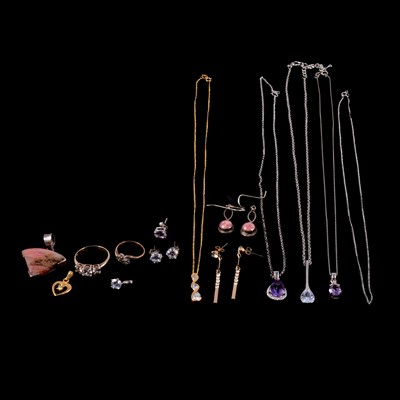 Lot 427 - A diamond and synthetic stone ring, gold chain, and amethyst and other pendants and earrings.