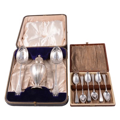 Lot 253 - Silver dredger and pair of pierced fruit servers, teaspoons, silver and plated sugar tongs.