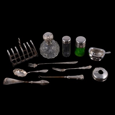 Lot 250 - Silver letter opener, Victorian sugar nips, dressing table jars, white metal and plated wares.