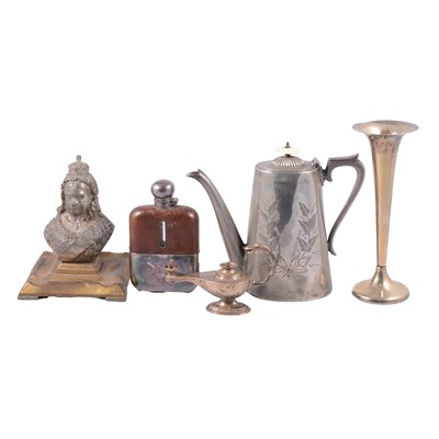 Lot 163 - Silver Aladdin oil lamp; Britannia Metal three-piece teaset; other items of plated ware, hip flask.