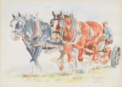 Lot 207 - J L Linsell, Heavy horses and plough, watercolour and two other drawings