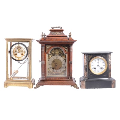 Lot 95 - Large French lacquered brass four-glass mantel clock, and two others