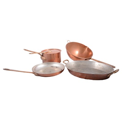 Lot 142 - Helvetia copper pan and cover, and similar kitchenalia