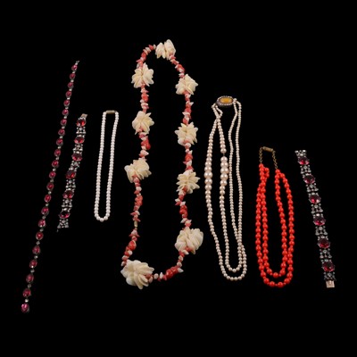 Lot 471 - A cultured pearl necklace, paste set necklace and bracelets, and other necklaces.