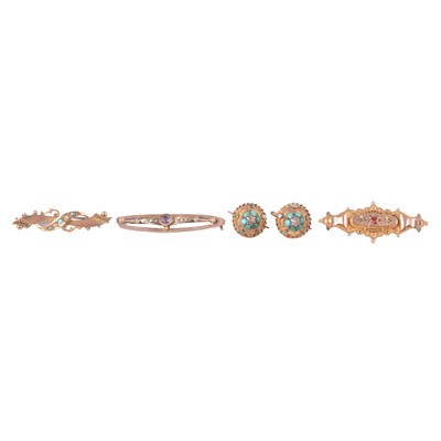 Lot 208 - Three gemset gold / yellow metal bar brooches, and a pair of diamond and turquoise earrings.