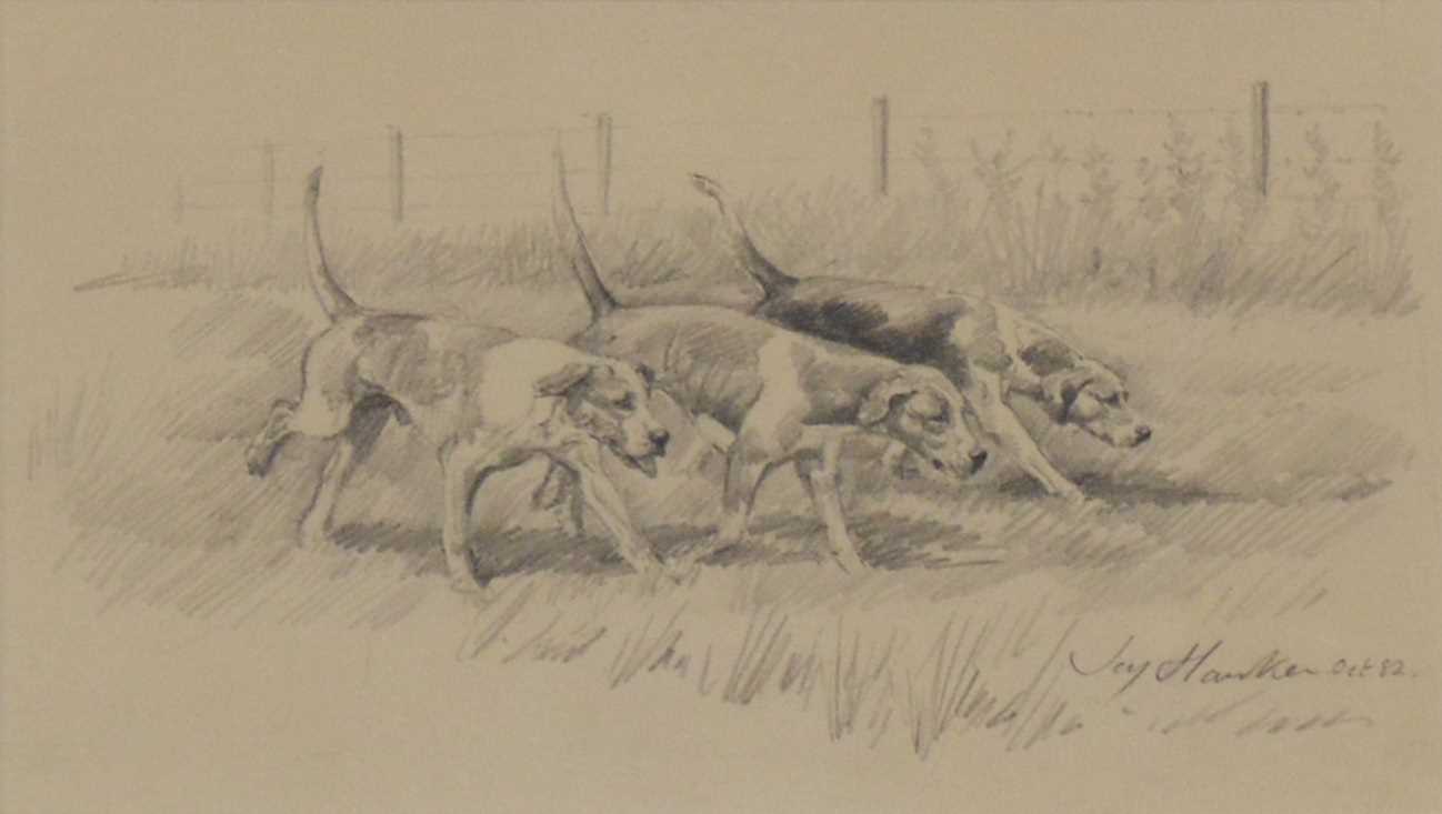 Lot 274 - Joy Hawken, hound sketch, and three hunting prints