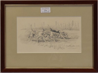 Lot 274 - Joy Hawken, hound sketch, and three hunting prints
