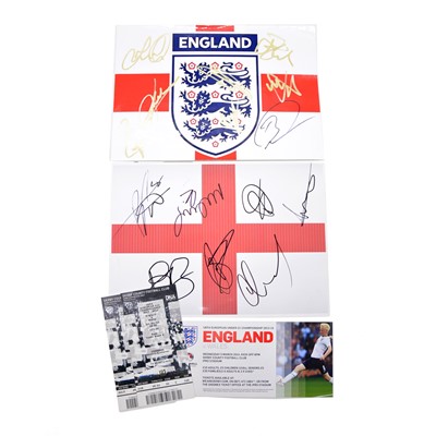 Lot 402 - Signed England A4 badge and flag, with two England U21 ticket stubs vs Wales U21 05/03/2014