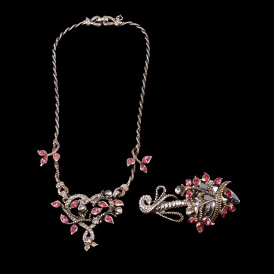 Lot 1197 - Mitchel Maer for Christian Dior - a necklace and brooch set with pink and clear paste.